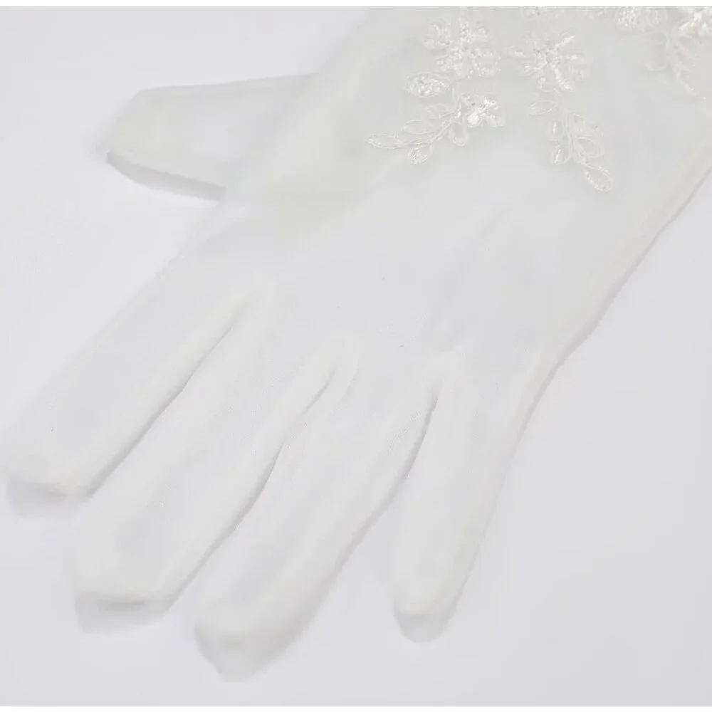 Women's Lvory 06 Floral Short Length Lace Tulle Mesh Wrist Wedding Party Gloves